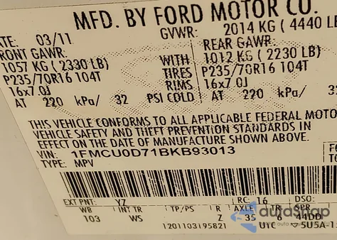 2011 Ford Escape Xlt из США, поврежденный, VIN 1FMCU0D71BKB93013